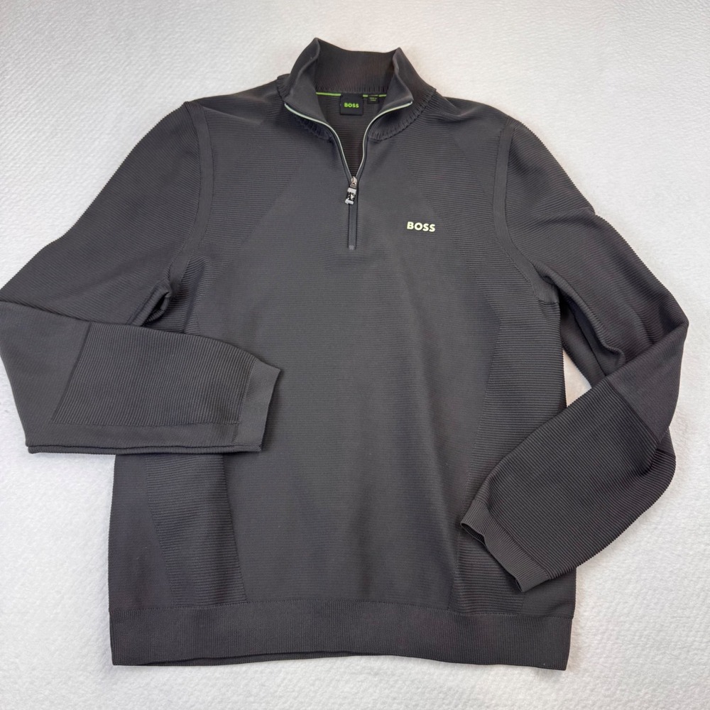 BOSS Hugo Boss Mens Quarter Zip Pullover Sweater Ribbed Texture Charcoal Gray  L